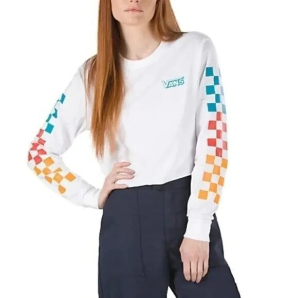 Vans White Downpour Rainbow Checker Crop Long Sleeve T-Shirt L - Picture 1 of 4